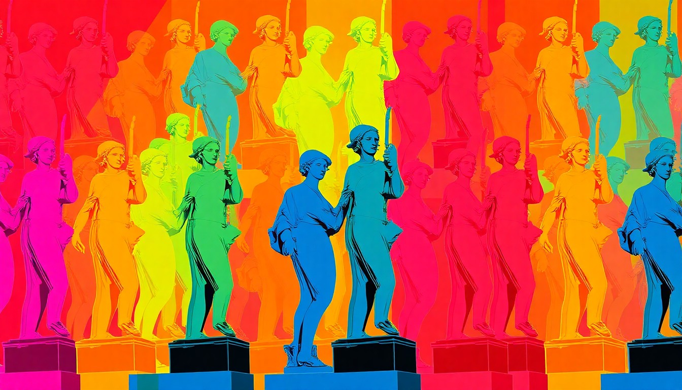 A vibrant, abstract silkscreen print featuring multiple images of the 'Across the Bridge' monument statue, rendered in a high-contrast pop art style with overlapping neon colors and thick black outlines, conceptually representing the public celebration of a historically marginalized community.