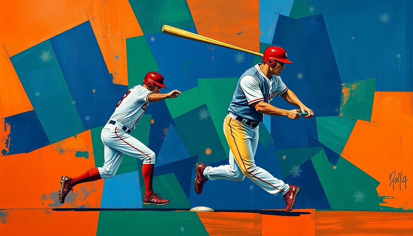A cubist, geometric painting depicting the dynamic motion of a baseball outfielder, with sharp, overlapping planes of navy, green, and orange conveying the raw athleticism of the sport.