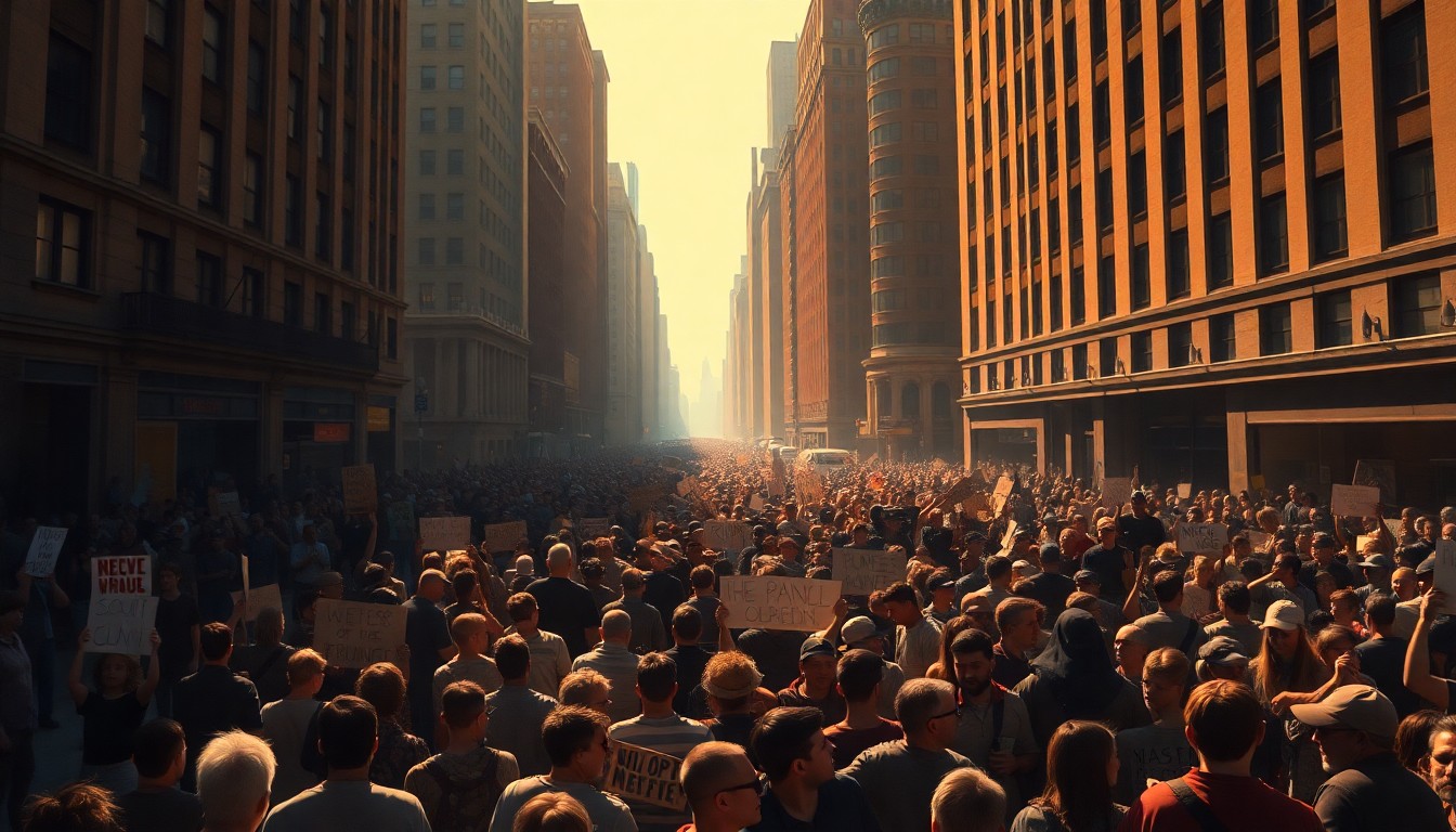 A serene, painterly scene depicting a large crowd of protesters gathered in a downtown city square, their faces obscured by shadow but their body language conveying a sense of unity and determination.