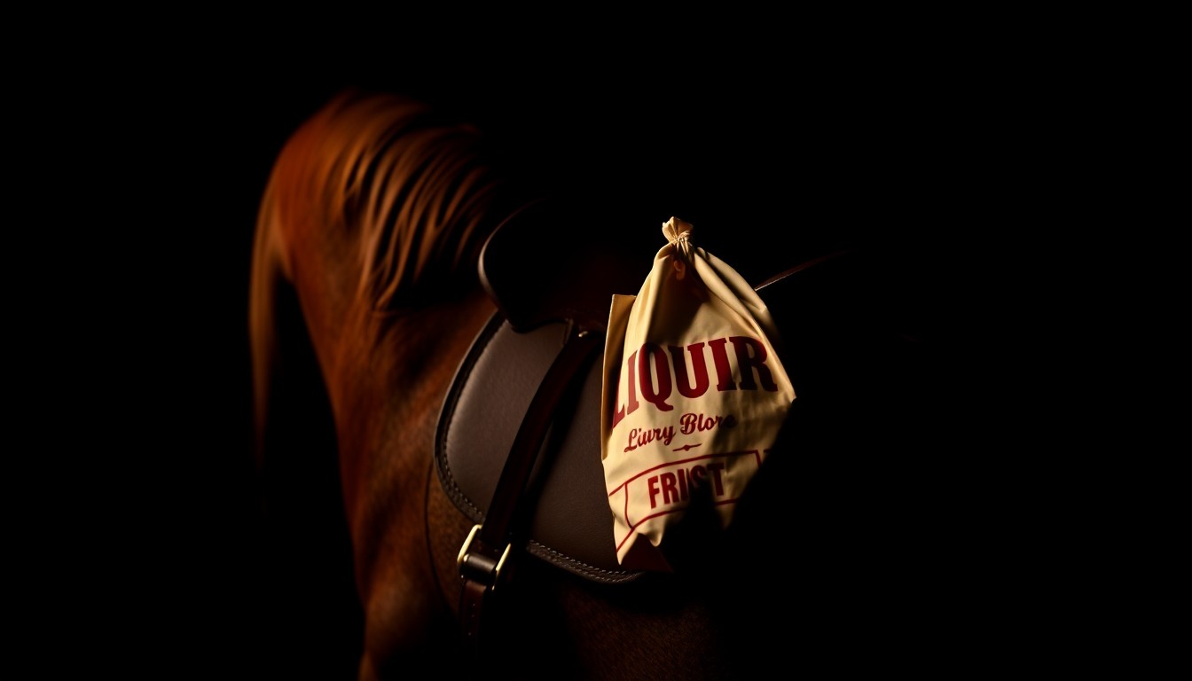 An extreme close-up photograph of a horse's saddle with a liquor store bag attached, creating a stark, gritty, investigative aesthetic that conceptually represents the incident of a man riding a horse while under the influence of alcohol.