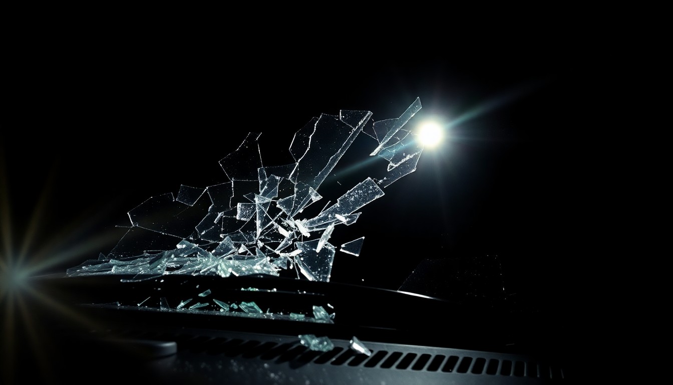 An extreme close-up photograph of shattered glass from the crash site, capturing the stark, gritty aftermath of the incident through dramatic lighting and texture.