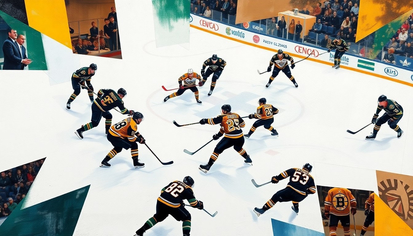 A fractured, geometric painting depicting the dynamic action of a hockey game, with players and the ice surface broken down into sharp, overlapping planes of color and form.