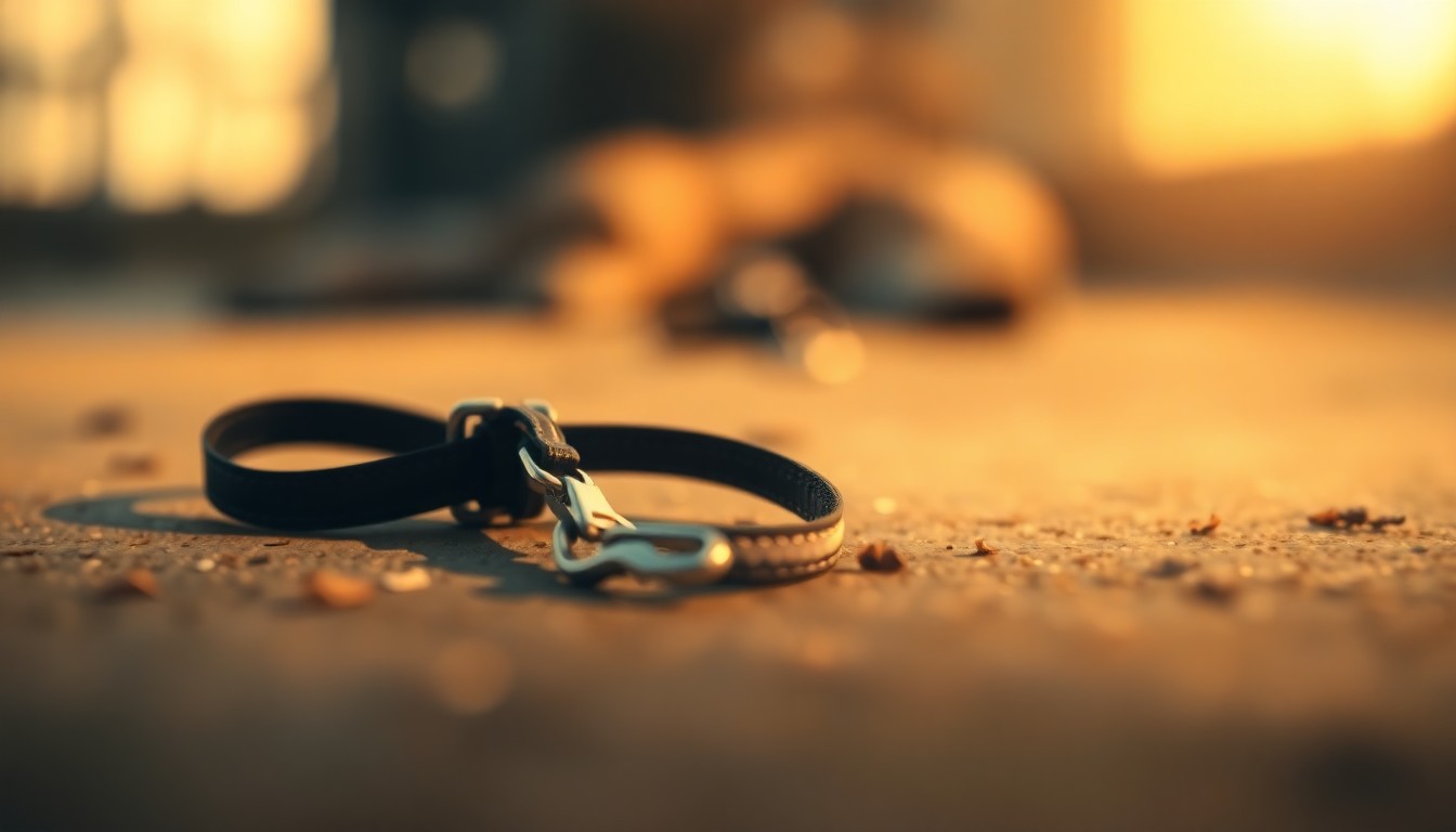 An extremely abstracted, out-of-focus photograph of a leash and collar lying on the ground, with soft pools of warm light and color surrounding it, conveying a sense of melancholy and loss.