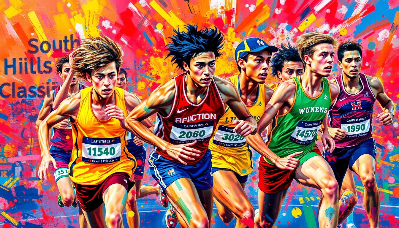 An abstract expressionist painting in vibrant neon colors, with rapid brushstrokes capturing the dynamic motion and energy of high school track and field athletes competing at a meet.