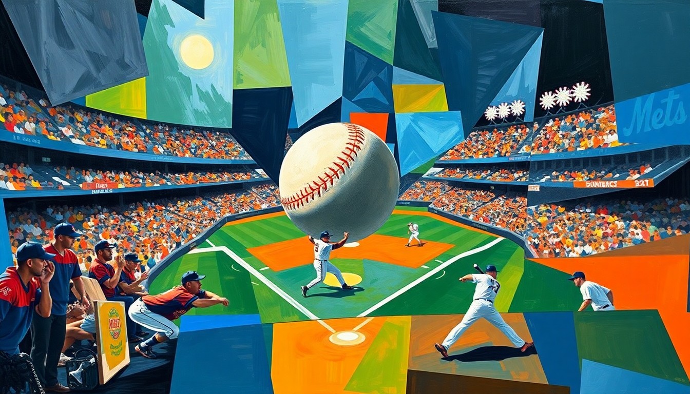 A fractured, multi-perspective painting depicting the baseball game between the New York Mets and the opposing team, with the players, ball, and stadium elements deconstructed into sharp, overlapping geometric shapes and planes, conveying the excitement and drama of Luis Robert Jr.'s game-winning home run.