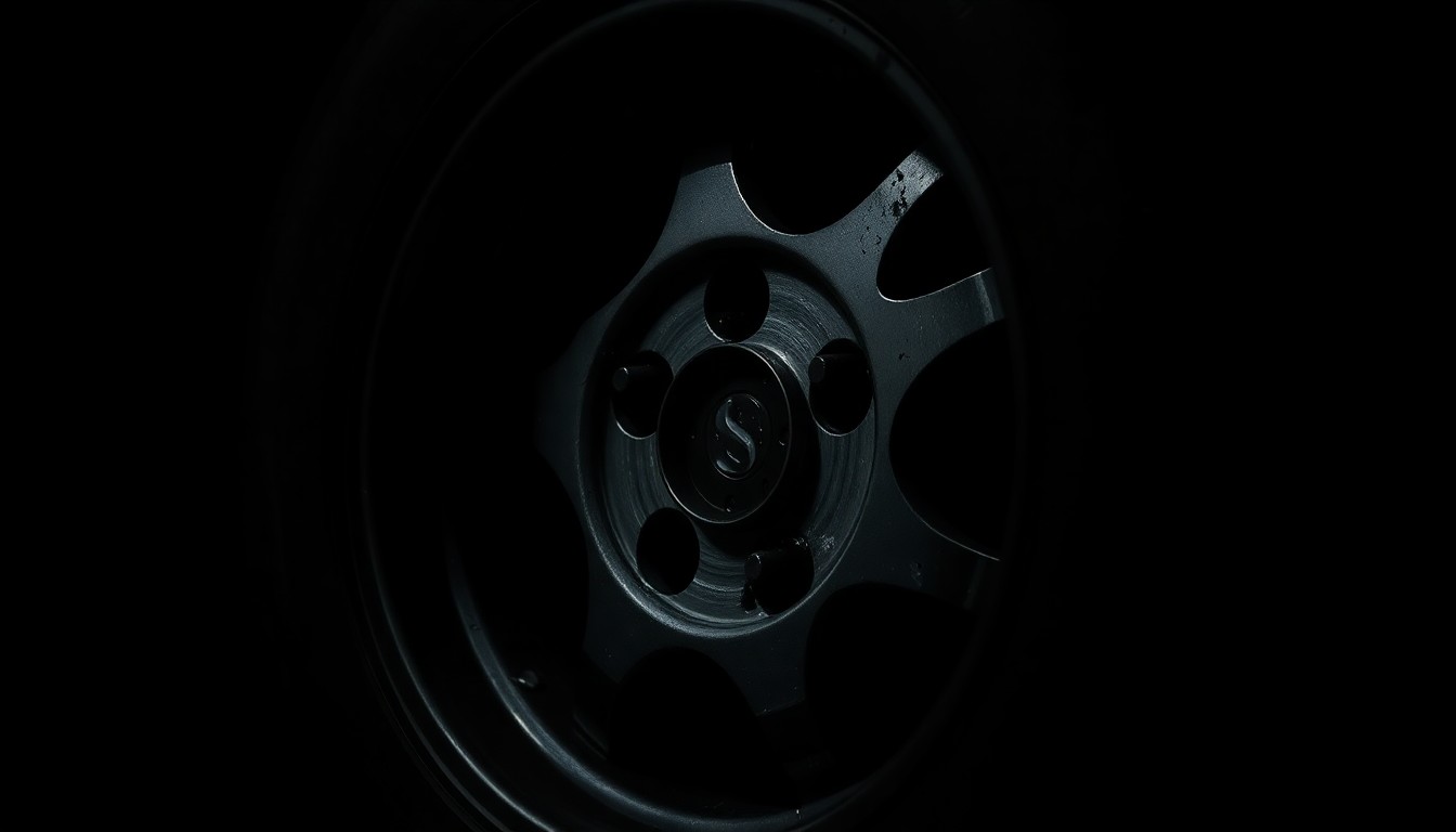 An extreme close-up of a damaged tire rim, its metallic surface reflecting the harsh light of the camera flash against a pitch-black background, conceptually representing the violence of the incident.