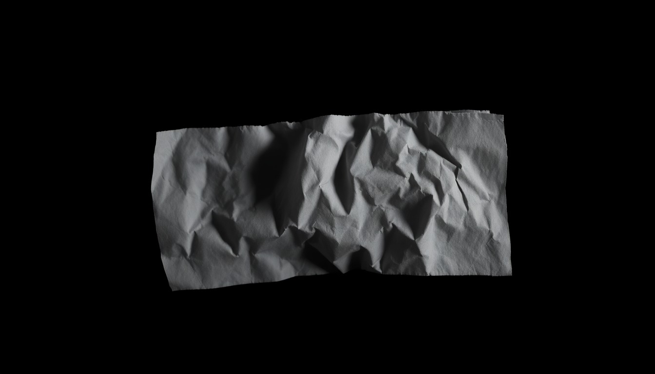 An extreme close-up photograph of a crumpled paper document with visible texture and details, conveying a stark, gritty, investigative aesthetic without any text or identifiable elements.