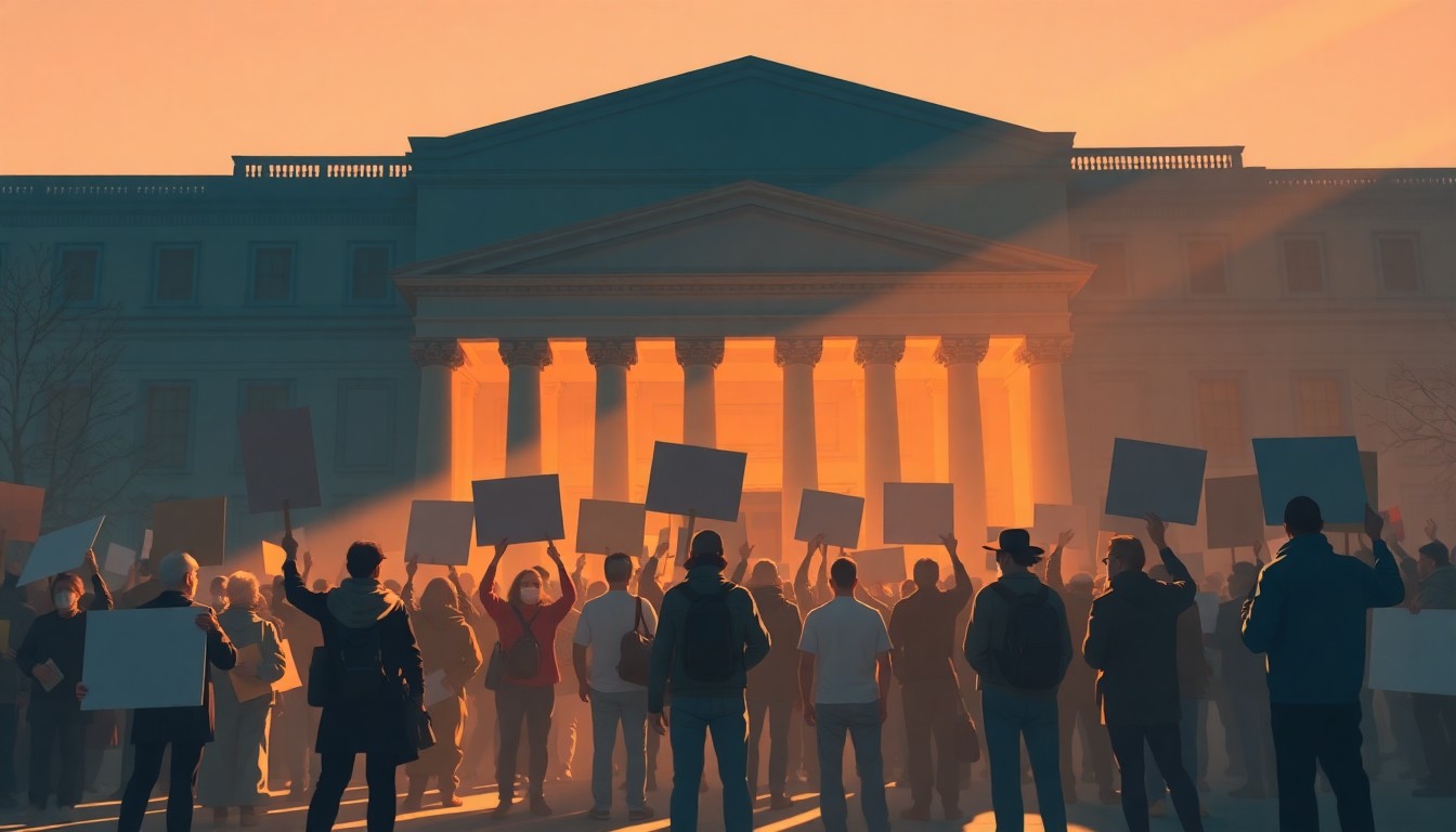 A nostalgic, cinematic painting depicting a group of protesters holding signs and banners in front of a government building, with warm sunlight and deep shadows creating a contemplative, emotive scene.