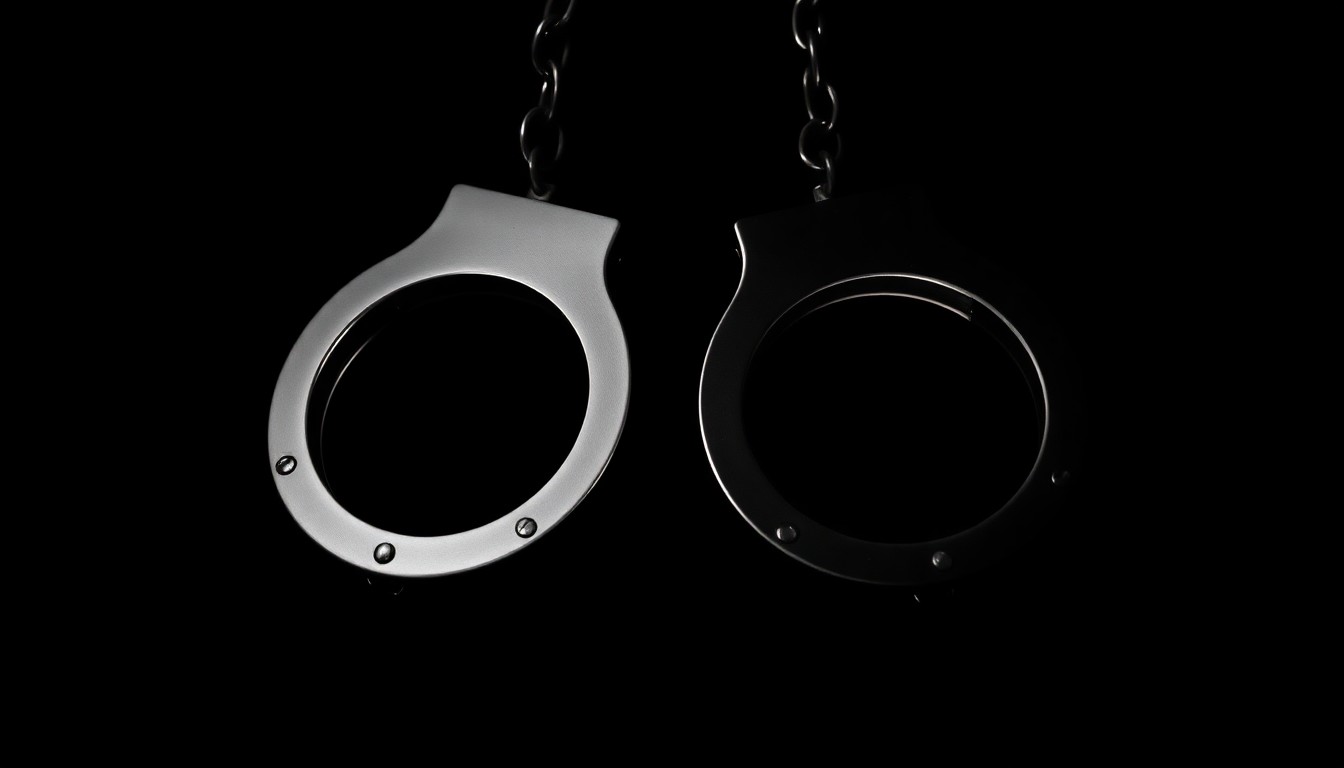 An extreme close-up photograph of a pair of metal handcuffs against a stark black background, the harsh flash illuminating the textured surface and cold, unyielding nature of the restraints, conceptually representing the apprehension of a suspect who tried to evade justice.