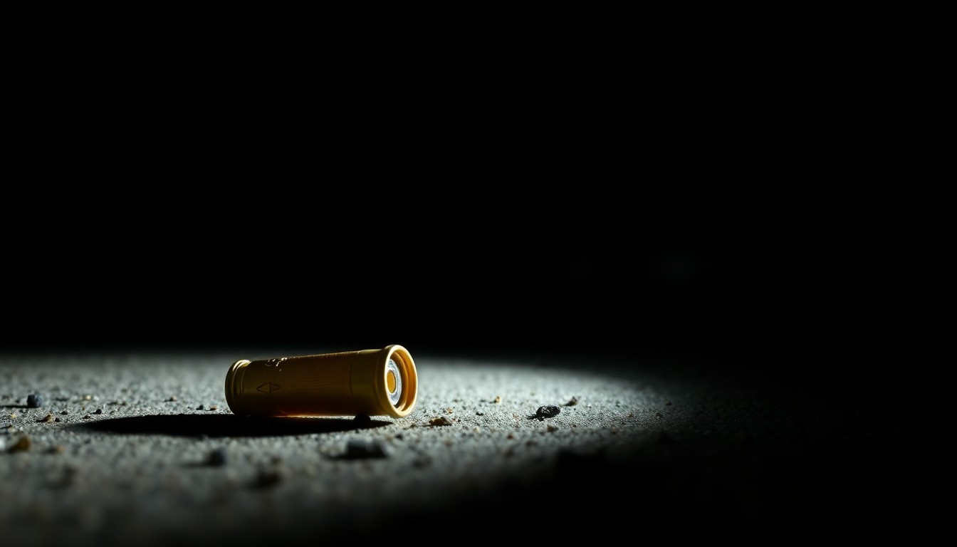 An extreme close-up photograph of a spent shell casing on the ground, lit by a harsh, direct camera flash against a pitch-black background, creating a stark, gritty, investigative aesthetic.