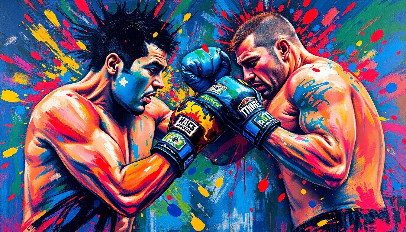 An abstract, expressionist painting in vibrant neon colors depicting the violent movements and energy of a mixed martial arts fight, with figures and details dissolving into unrecognizable brushstrokes.