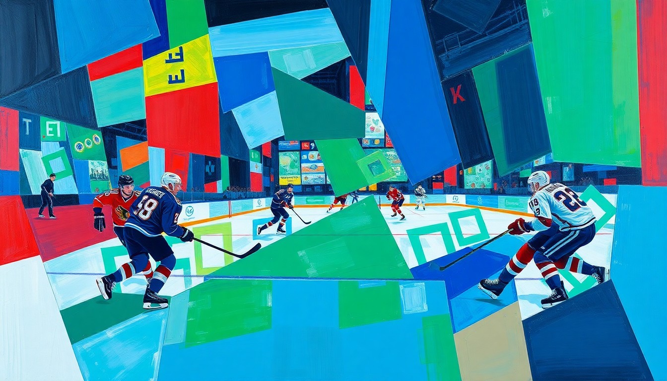 A fragmented, geometric painting in bold blues, greens, and reds depicting the chaotic motion and competing perspectives of a hockey game.