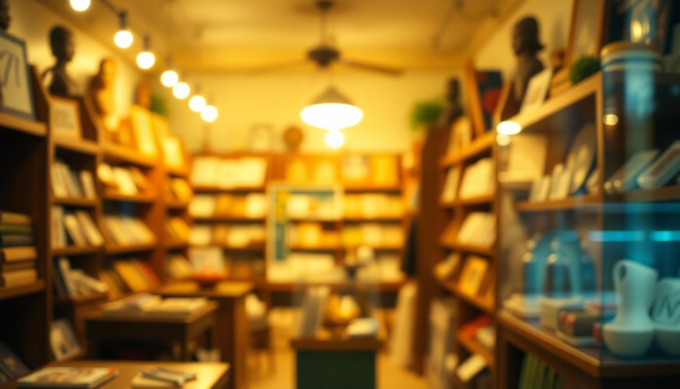 A soft, atmospheric photograph in warm, muted tones depicting the interior of a cozy, old-fashioned retail store, with blurred shelves and displays in the background, conceptually representing the legacy of a beloved local business owner.