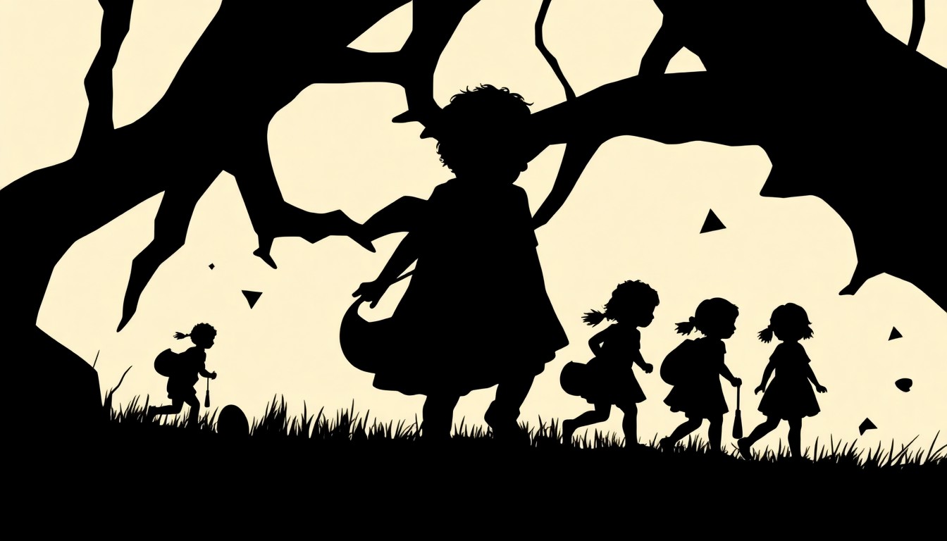 An abstract, minimalist illustration featuring jagged black silhouettes of children running and jumping, along with scattered geometric shapes representing Easter eggs, conveying the energy and excitement of an Easter egg hunt.