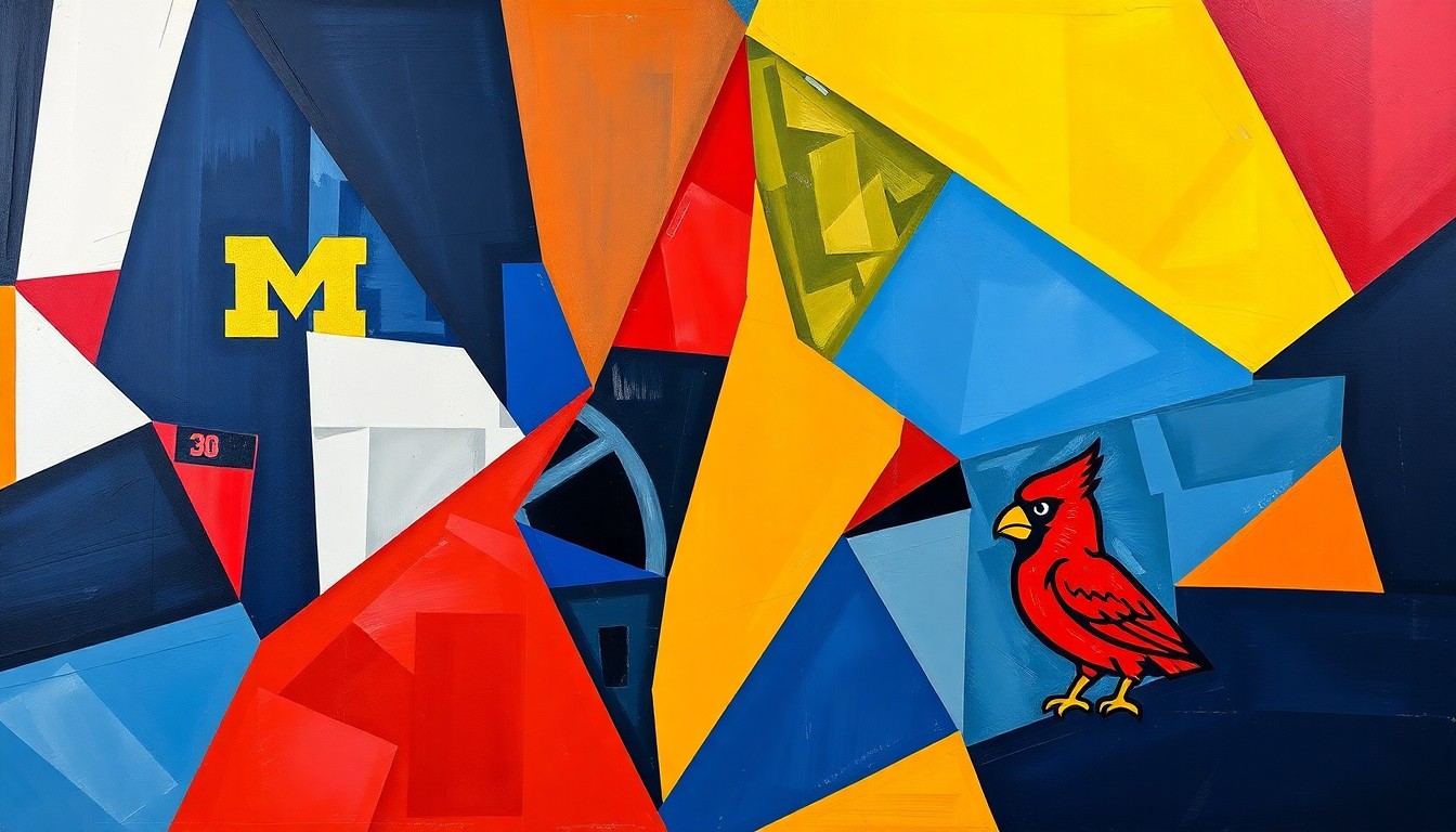A cubist, geometric painting depicting the dynamic action of a women's basketball game, with overlapping planes of bright team colors representing the competitive energy and back-and-forth momentum of the contest.