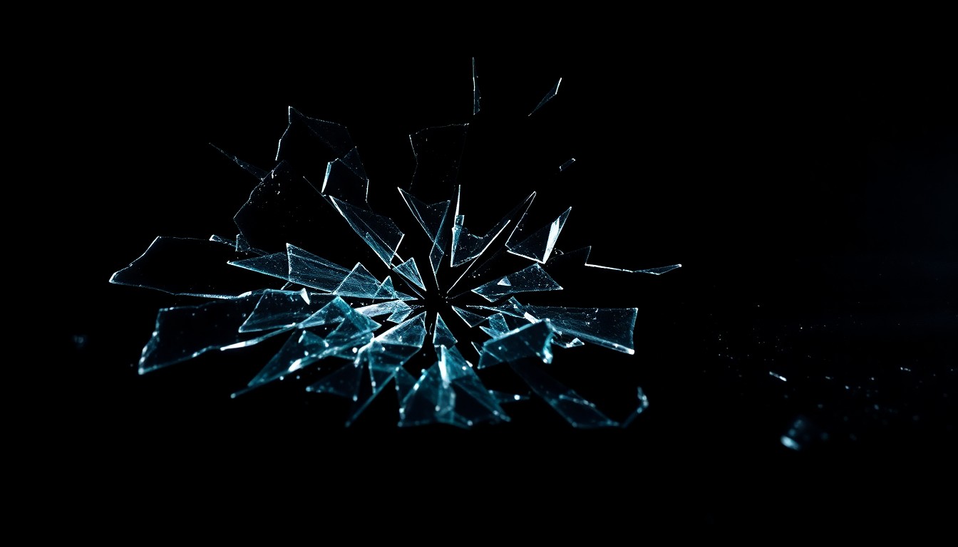 An extreme close-up photograph of a shattered car windshield against a pitch-black background, capturing the dramatic texture and distorted reflections of the damaged glass in a stark, gritty visual style.