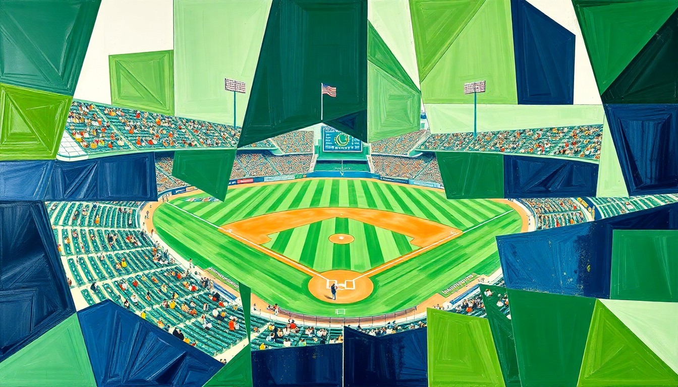 A fragmented, cubist-style painting depicting the chaotic action of a college baseball game, with players and the field rendered in sharp, angular geometric shapes in shades of green, navy, and white.