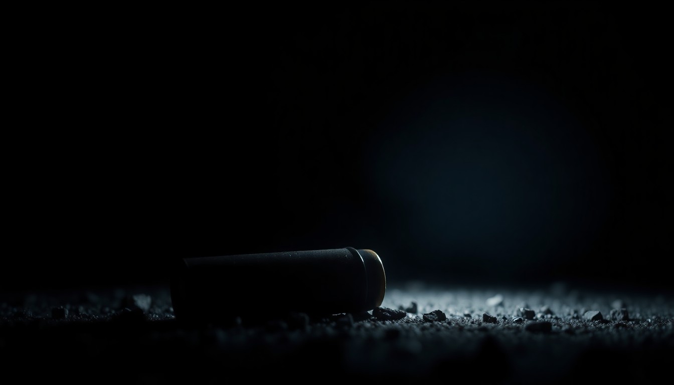 An extreme close-up photograph of a spent shell casing on the ground, capturing the stark, gritty details of a crime scene.