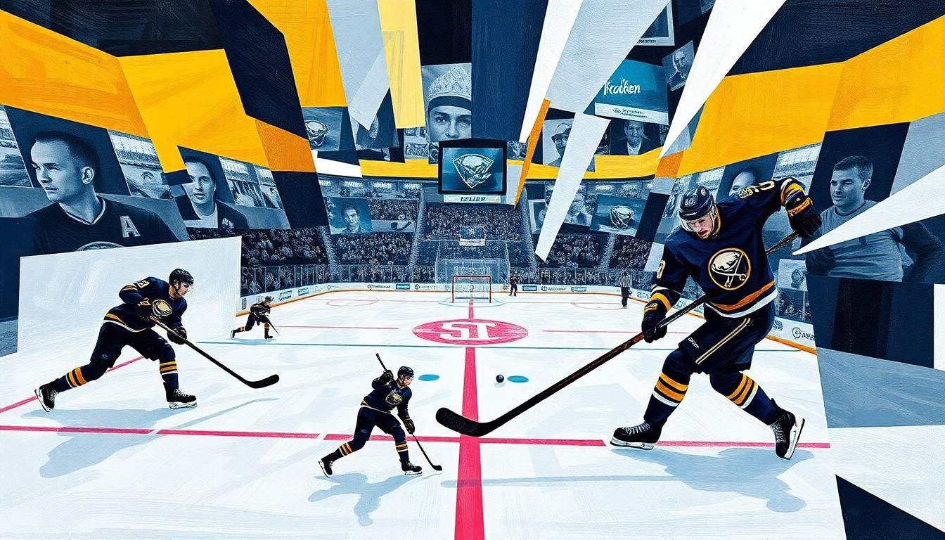 A fractured, cubist-style painting depicting a hockey game between the Buffalo Sabres and Seattle Kraken, with the players and arena deconstructed into abstract geometric shapes and forms, creating a dynamic, angular composition that captures the energy and intensity of the sport.