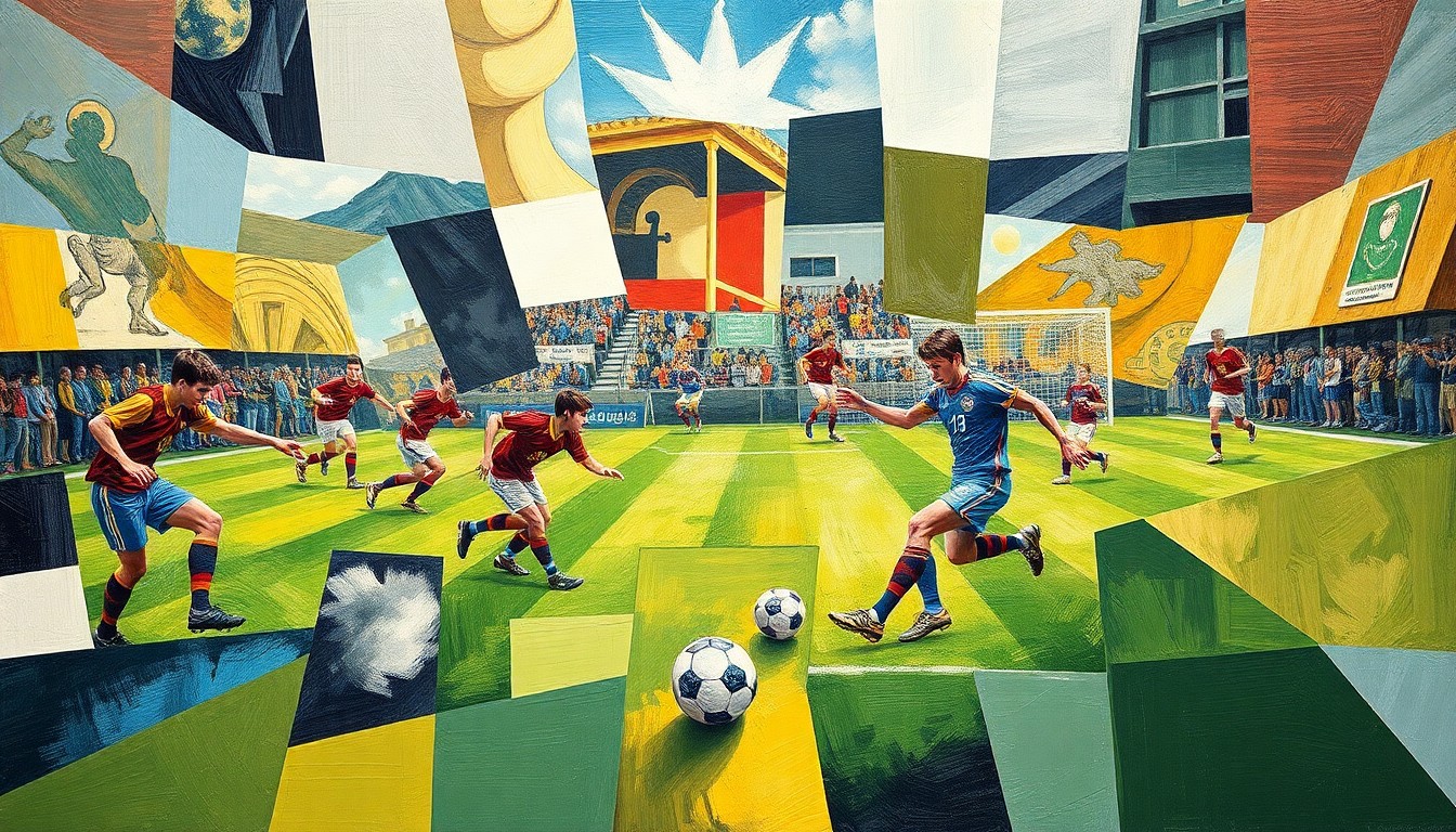 A fragmented, geometric painting showing overlapping planes of soccer players, the ball, and the field, capturing the raw energy and drama of a championship match.