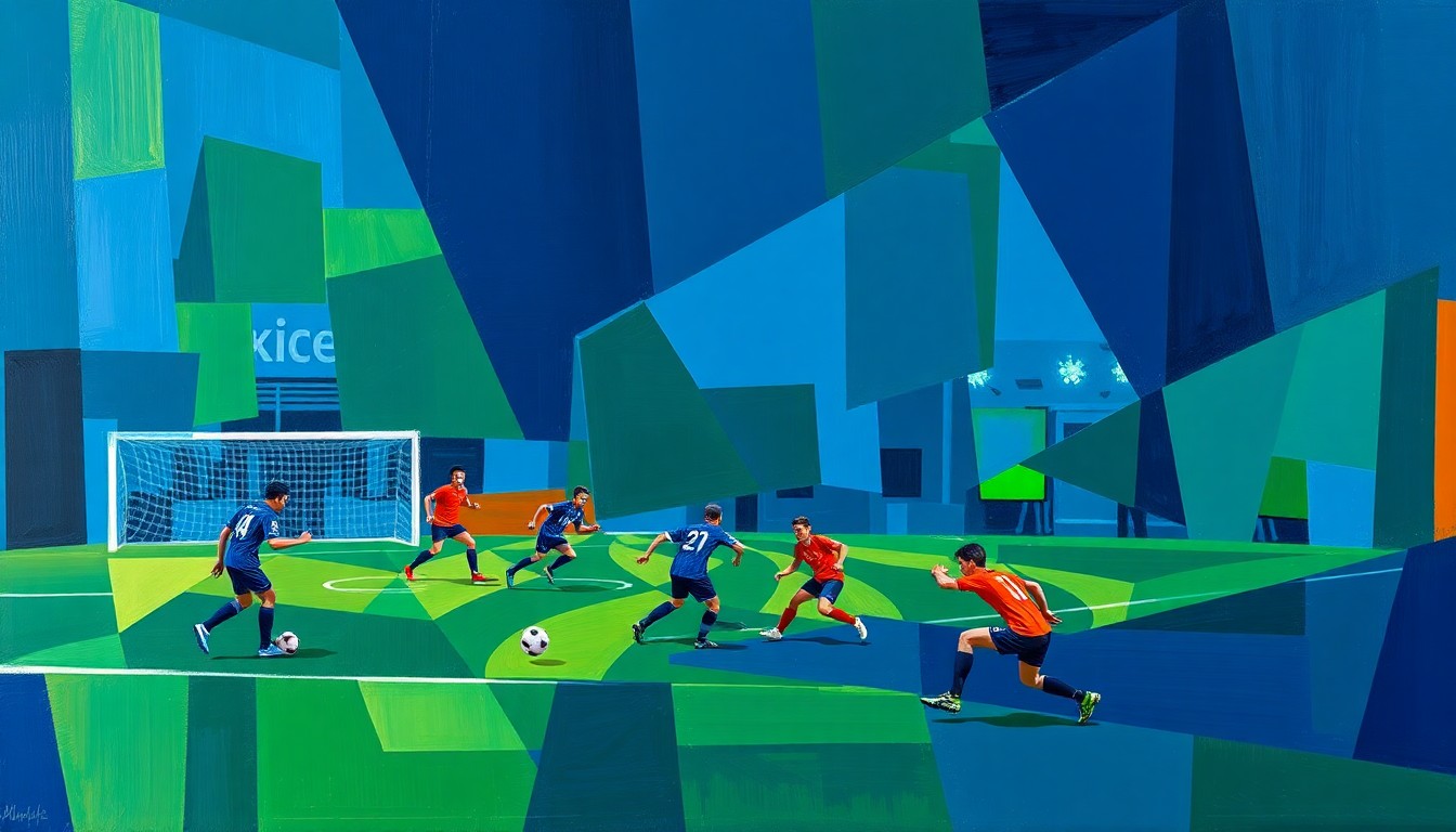 A cubist-style painting featuring overlapping geometric shapes and planes in shades of blue, green, and orange, capturing the dynamic energy and teamwork of a soccer match or training session.