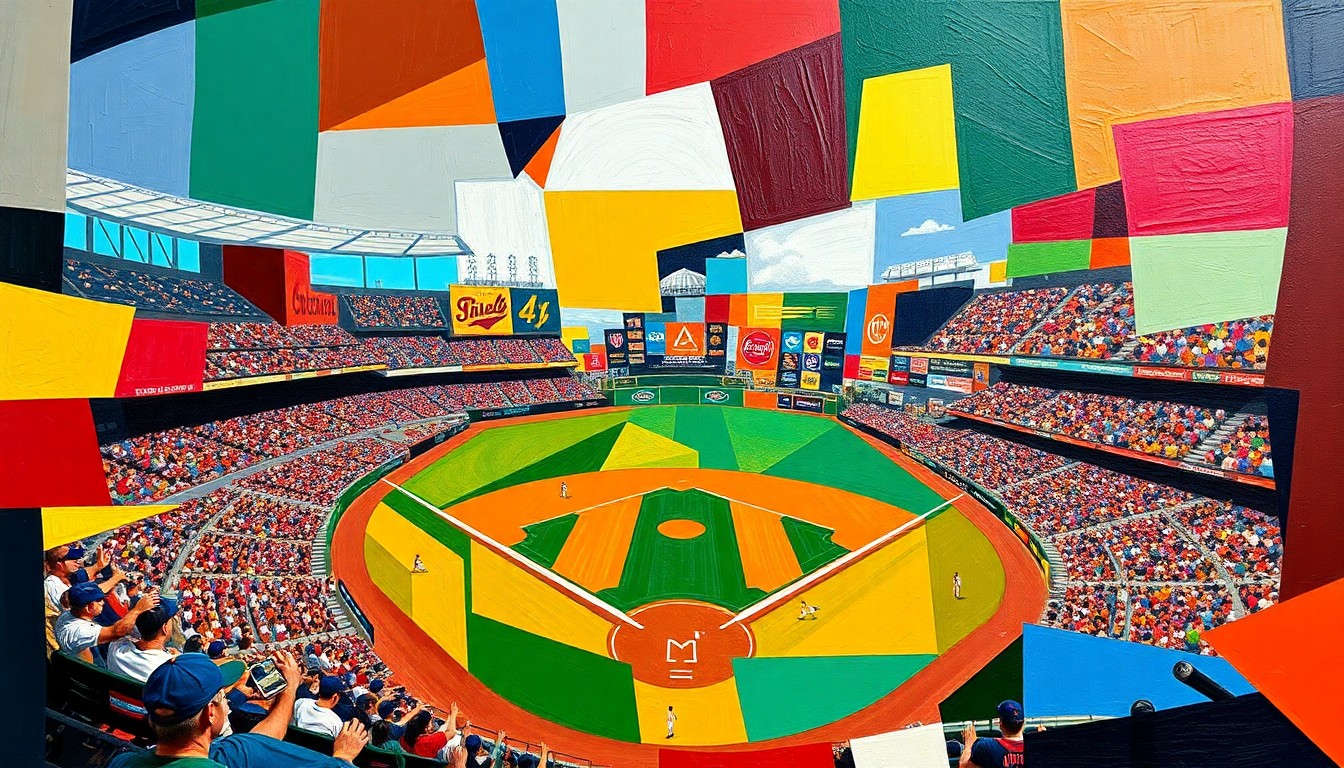 A vibrant, fragmented painting depicting a baseball game in motion, with sharp geometric shapes and planes of blue, red, and yellow representing the dynamic action on the field.