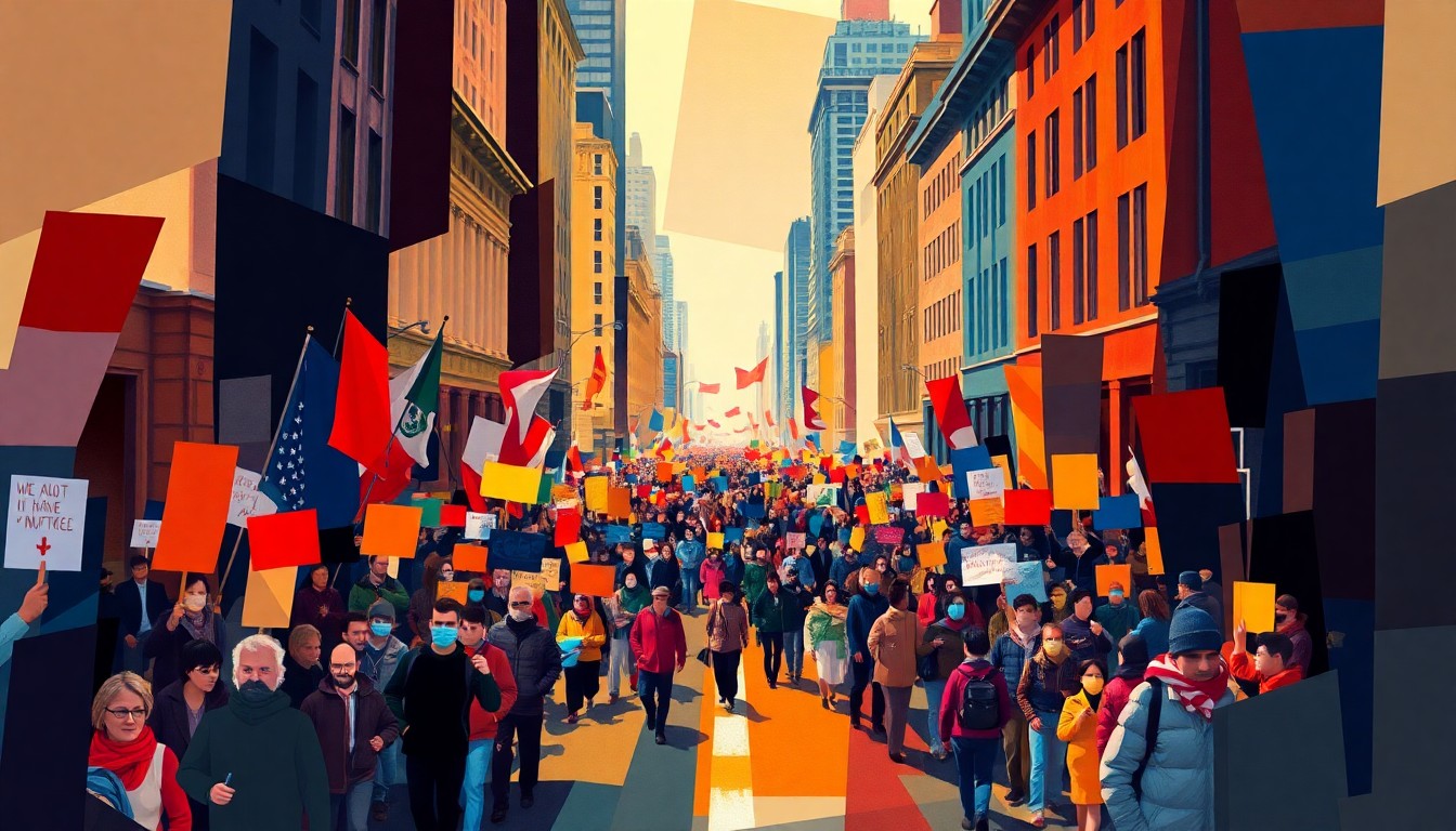 A vibrant, fractured painting depicting a crowd of protesters marching down a city street, with signs and banners waving in the air, conceptually representing the grassroots resistance to the current political climate.