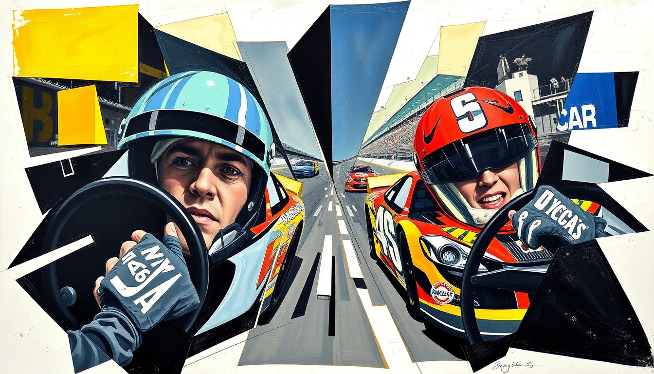 A cubist-style painting depicting the final laps of a NASCAR race, with the cars and drivers broken down into fragmented, geometric shapes and planes, conveying the chaos and emotion of the on-track battle.