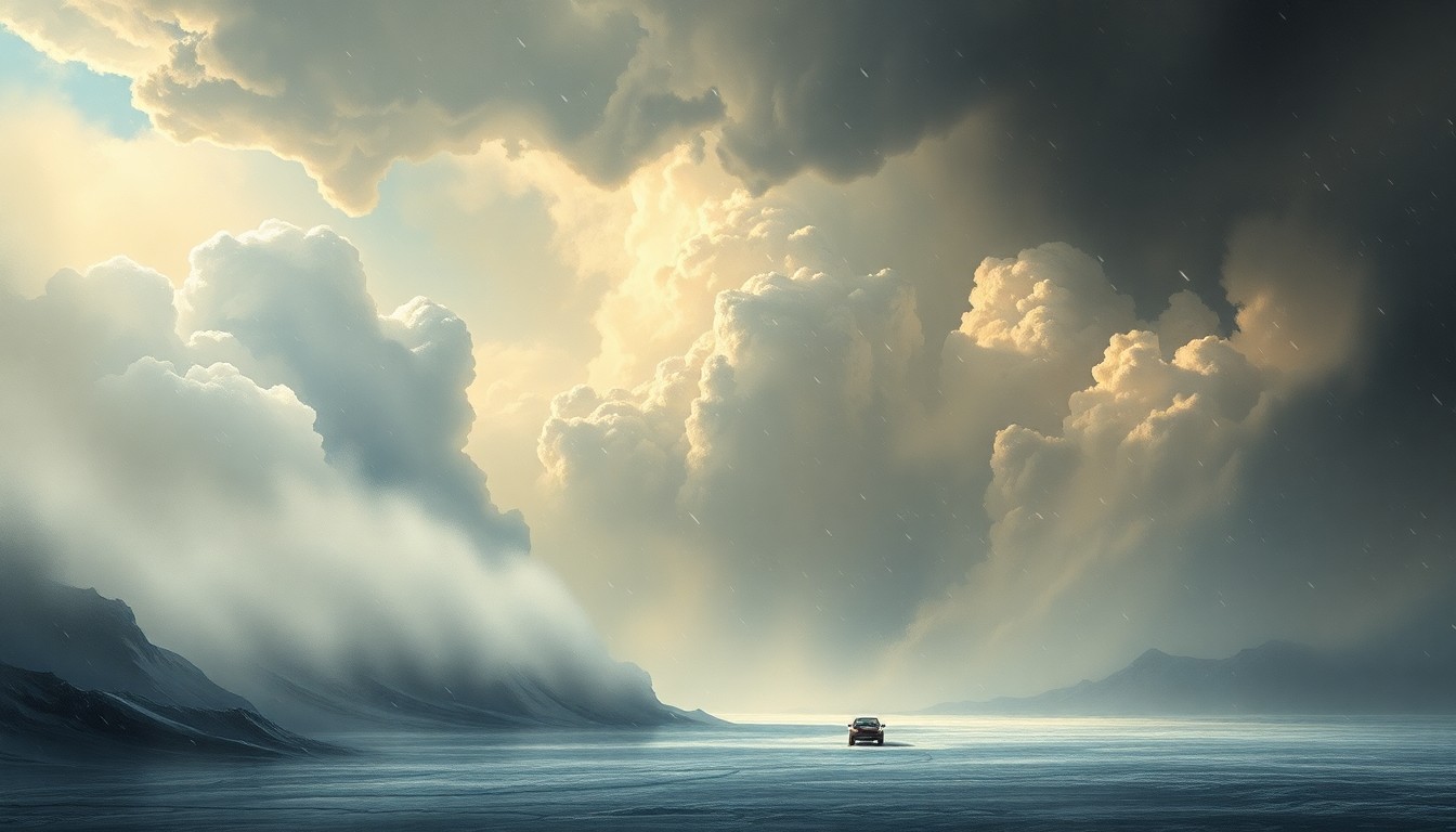 A vast, atmospheric landscape painting in muted tones of gray, blue, and white, depicting a massive, swirling hailstorm dominating the frame, with a small car barely visible in the distance, dwarfed by the overwhelming scale of the natural disaster.