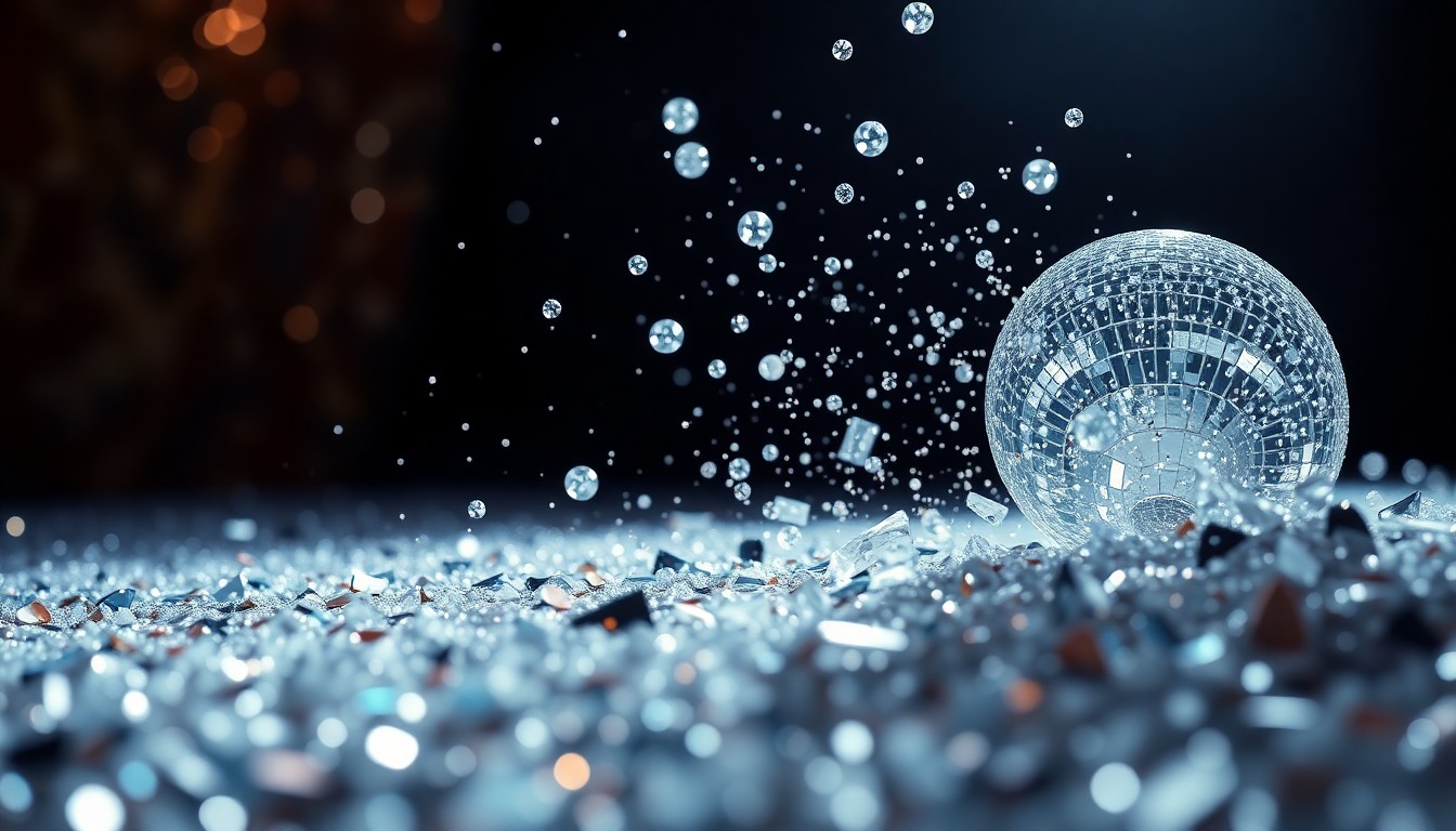 An abstract close-up image of shimmering sequins and shattered glass, capturing the high-fashion glamour and celebratory mood of Celine Dion's comeback performance.