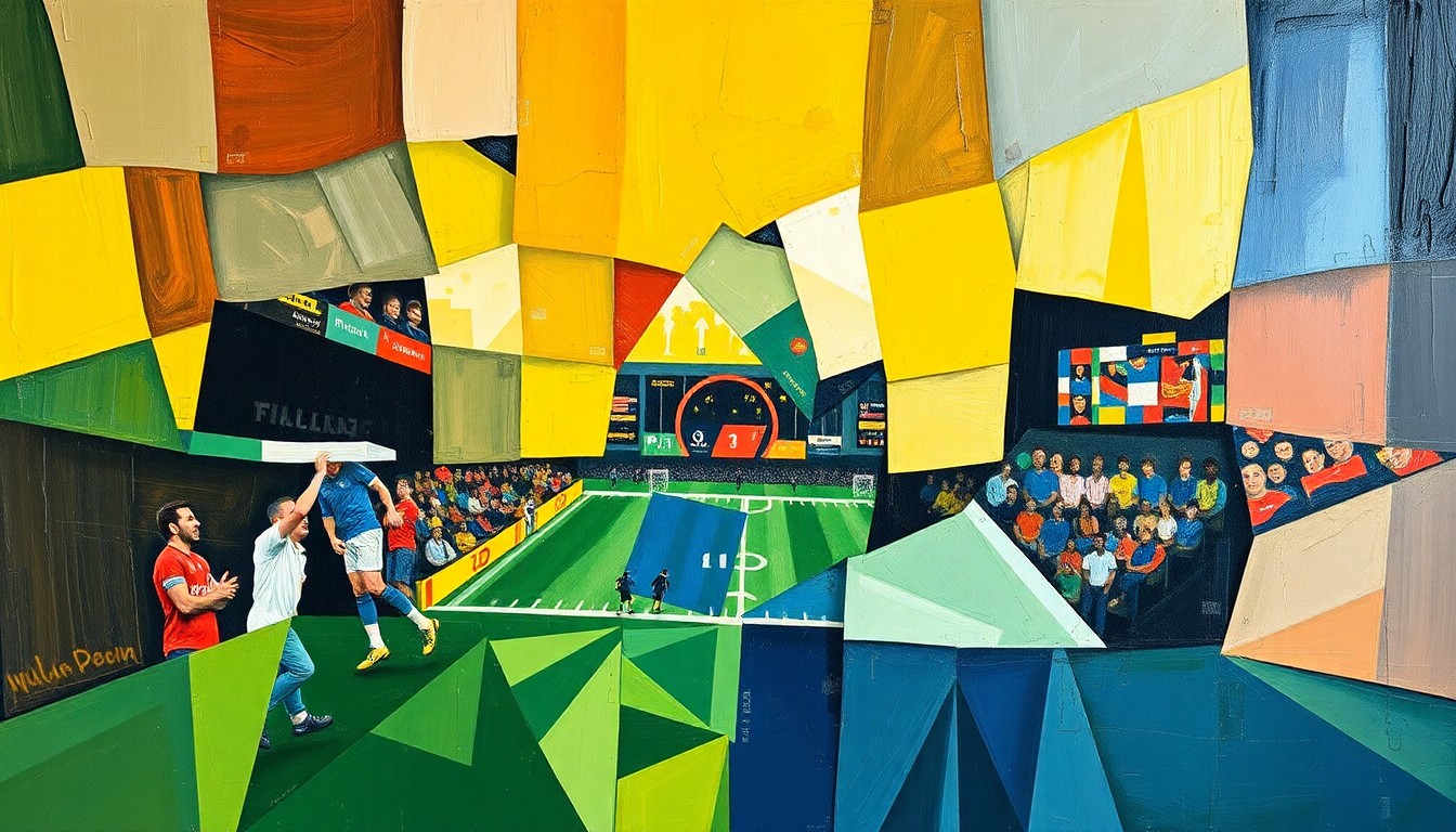 A cubist, geometric painting depicting fragmented football players and action, conveying the raw energy and strategic complexity of the sport.