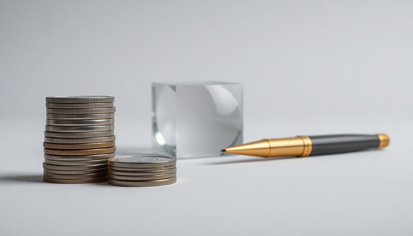 A photorealistic studio still life featuring a stack of polished metal coins, a glass paperweight, and a brass pen, symbolizing the financial aspects of a corporate merger.