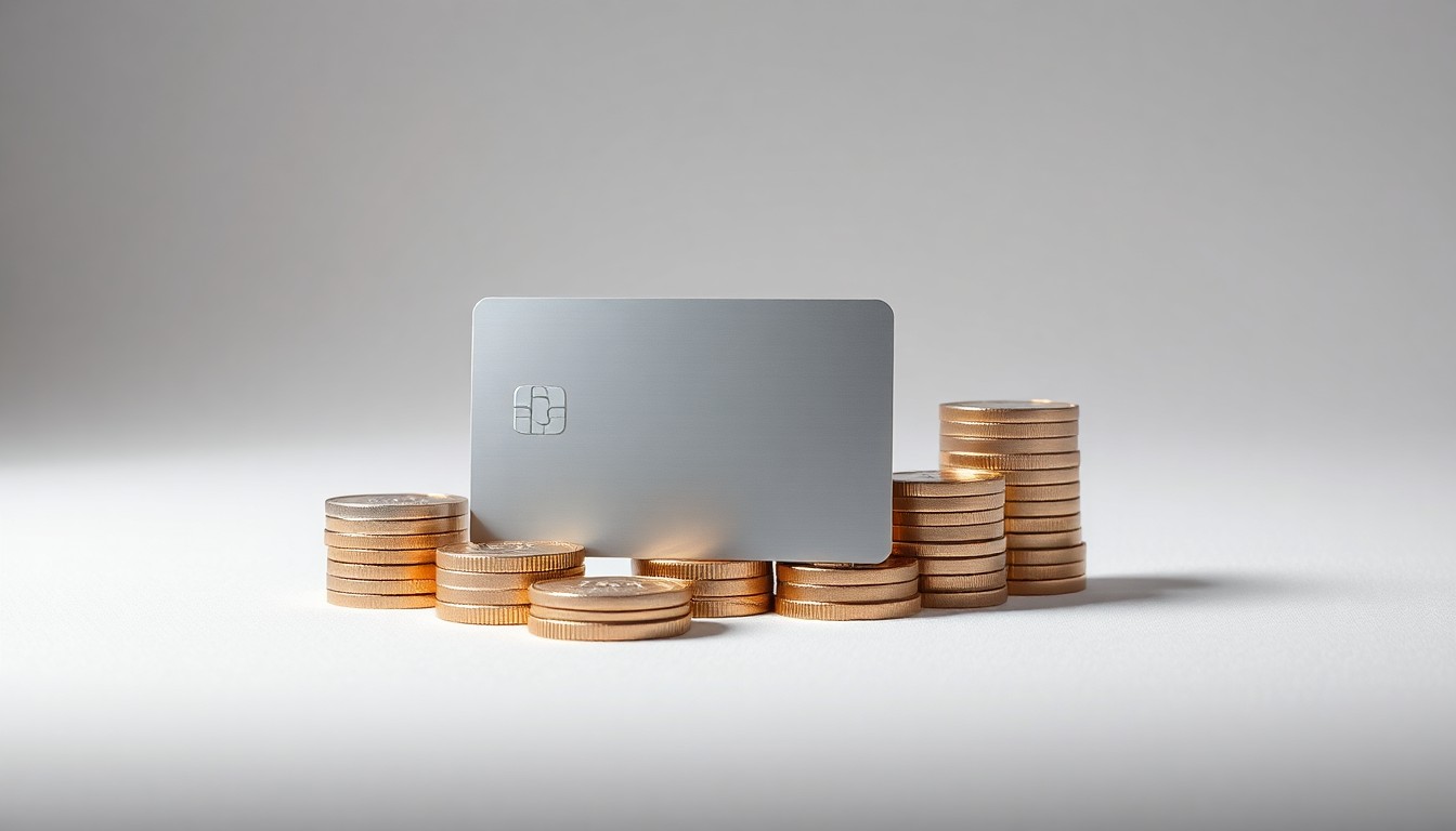 A high-end, photorealistic studio still-life photograph featuring a stack of polished metal coins, a sleek silver bank card, and a modern glass data storage drive, conceptually representing the abstract concepts of finance, banking, and technology growth.