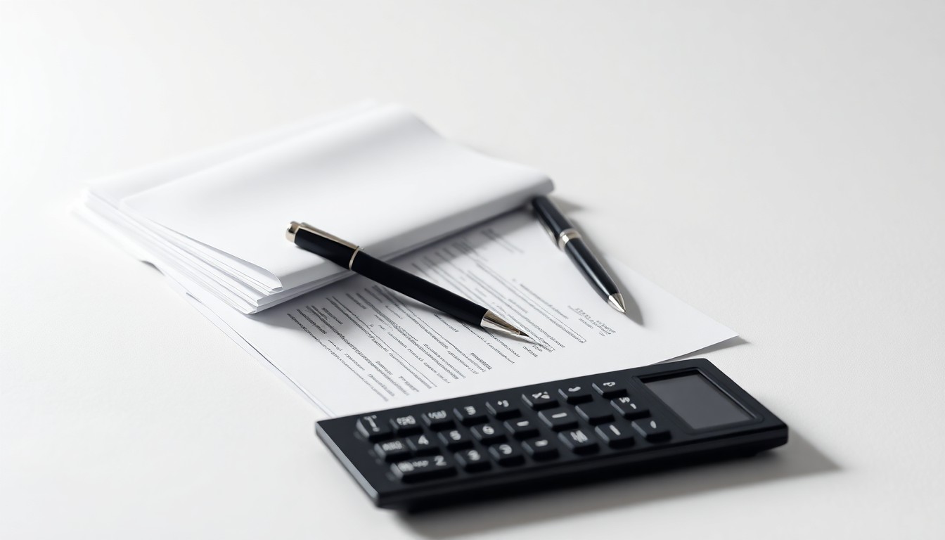 A minimalist, photorealistic studio still life featuring a stack of financial documents, a pen, and a calculator arranged on a clean white background, symbolizing the corporate strategy and finance behind the proposed acquisition of Kennedy Wilson.