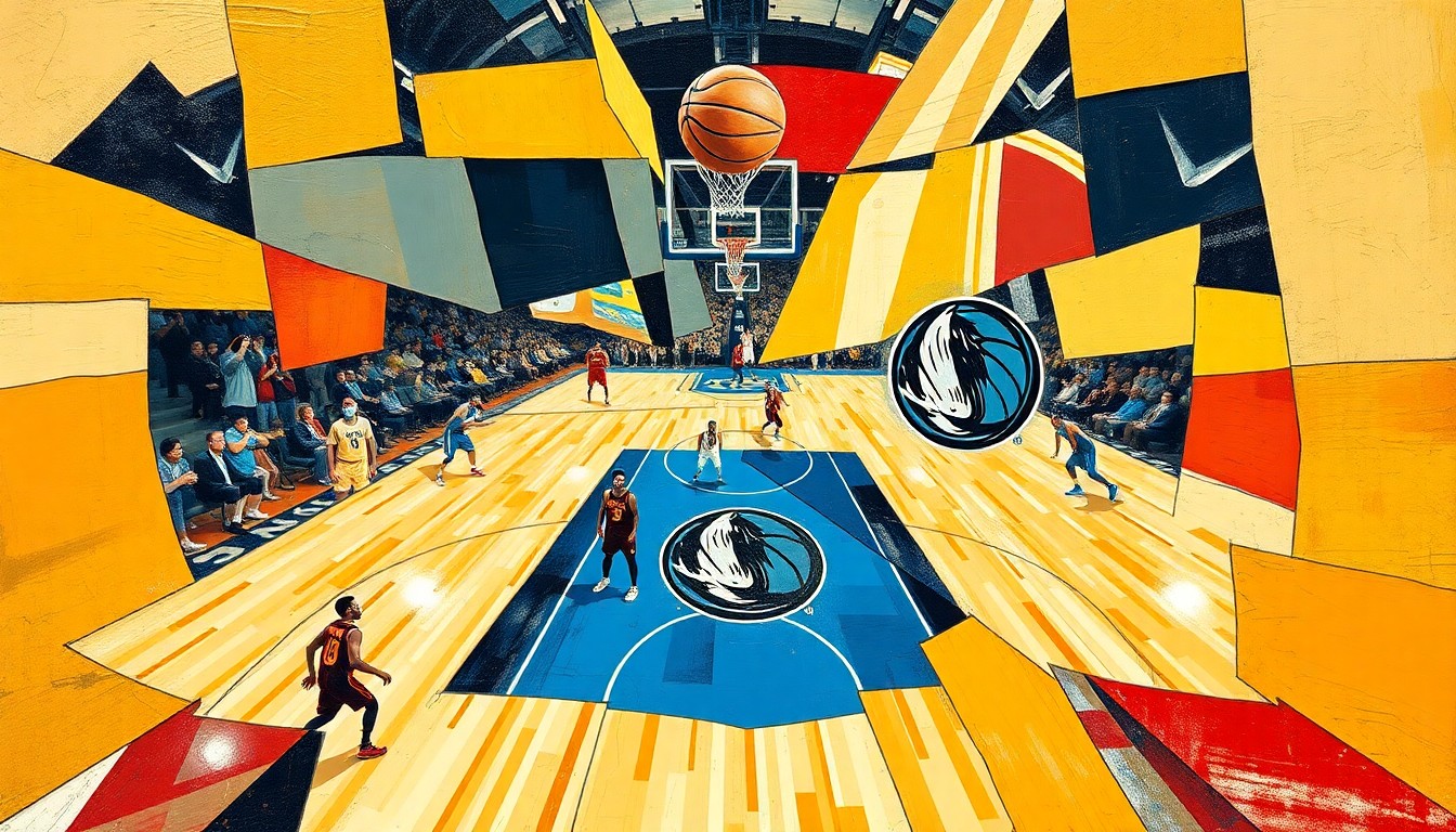 A cubist-style painting featuring overlapping geometric shapes and planes in shades of blue, green, and orange, capturing the dynamic energy and motion of a basketball game in an abstract, deconstructed manner.