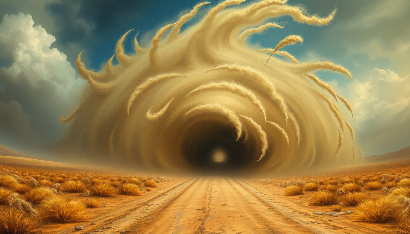 A sweeping, atmospheric landscape painting in muted tones of grey, brown, and blue, depicting a winding road obscured by a massive, swirling vortex of tumbleweeds, conveying the overwhelming scale and force of the natural disaster.