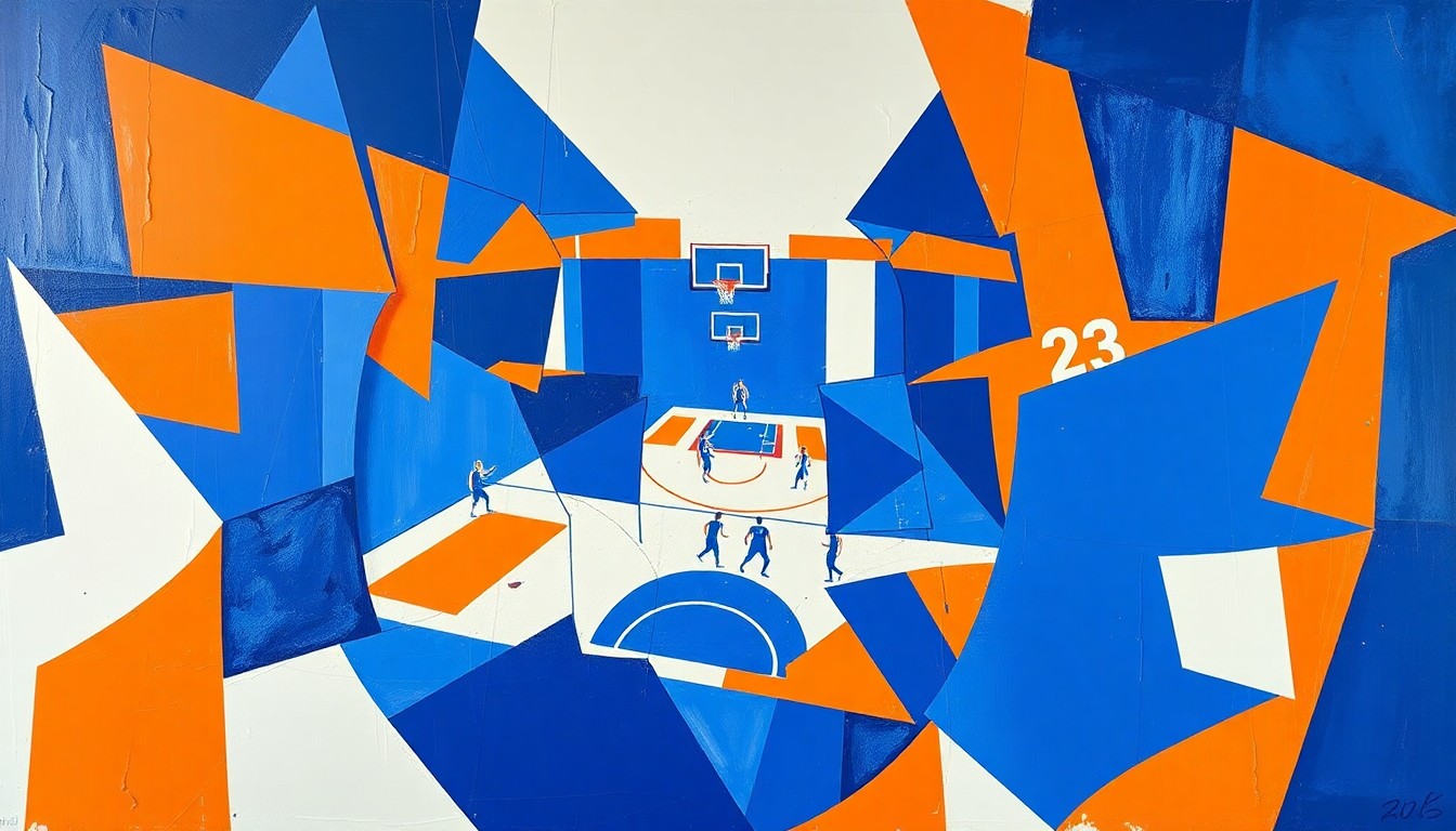 A fragmented, cubist-style painting depicting a basketball game in motion, with players and the court broken down into sharp, overlapping geometric shapes in a bold color scheme, conceptually representing the energy and excitement of the post-game celebrations.