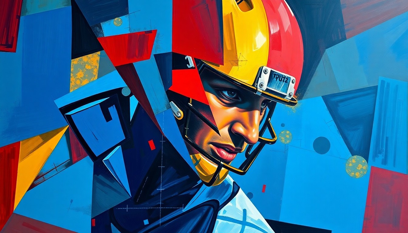 A cubist, geometric painting depicting a fragmented football player or game scene, using bold colors and sharp, overlapping shapes to convey the complexity of the Giants' draft considerations.