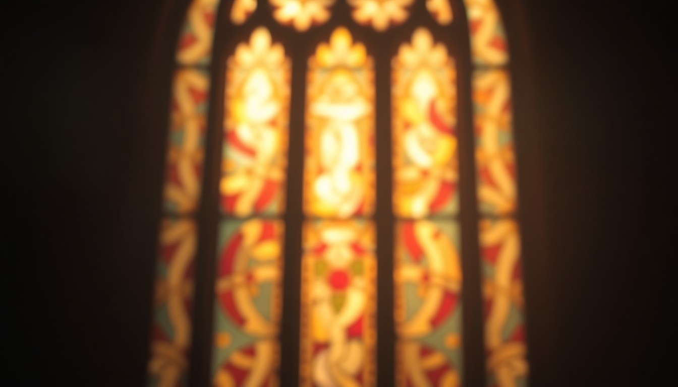 An abstract, impressionistic photograph of a stained-glass window in soft, warm tones, conveying a sense of reverence and reflection.
