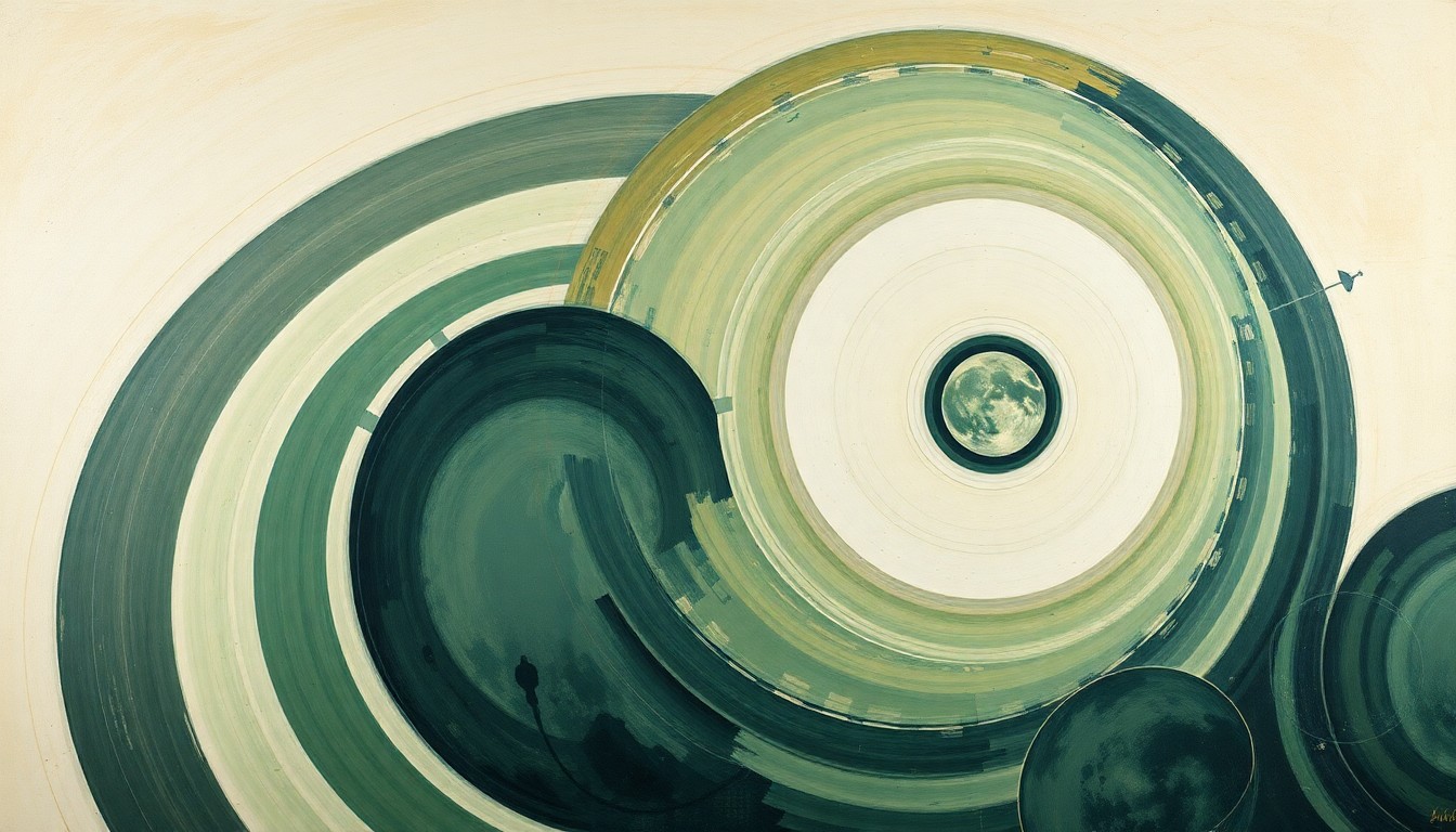 A highly structured abstract painting in soft, earthy tones of green, blue, and brown, featuring sweeping geometric arcs, concentric planetary circles, and precise botanical spirals, conceptually representing the complex forces and technologies behind the Artemis II mission to the moon.