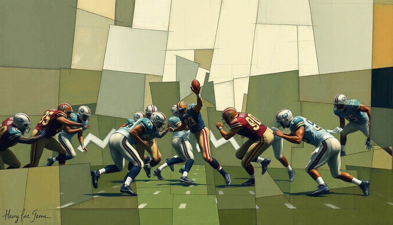 A cubist, geometric painting depicting a fragmented, multi-angled view of a football player in motion, rendered in muted earth tones, conceptually representing the uncertainty surrounding the Steelers' quarterback position.