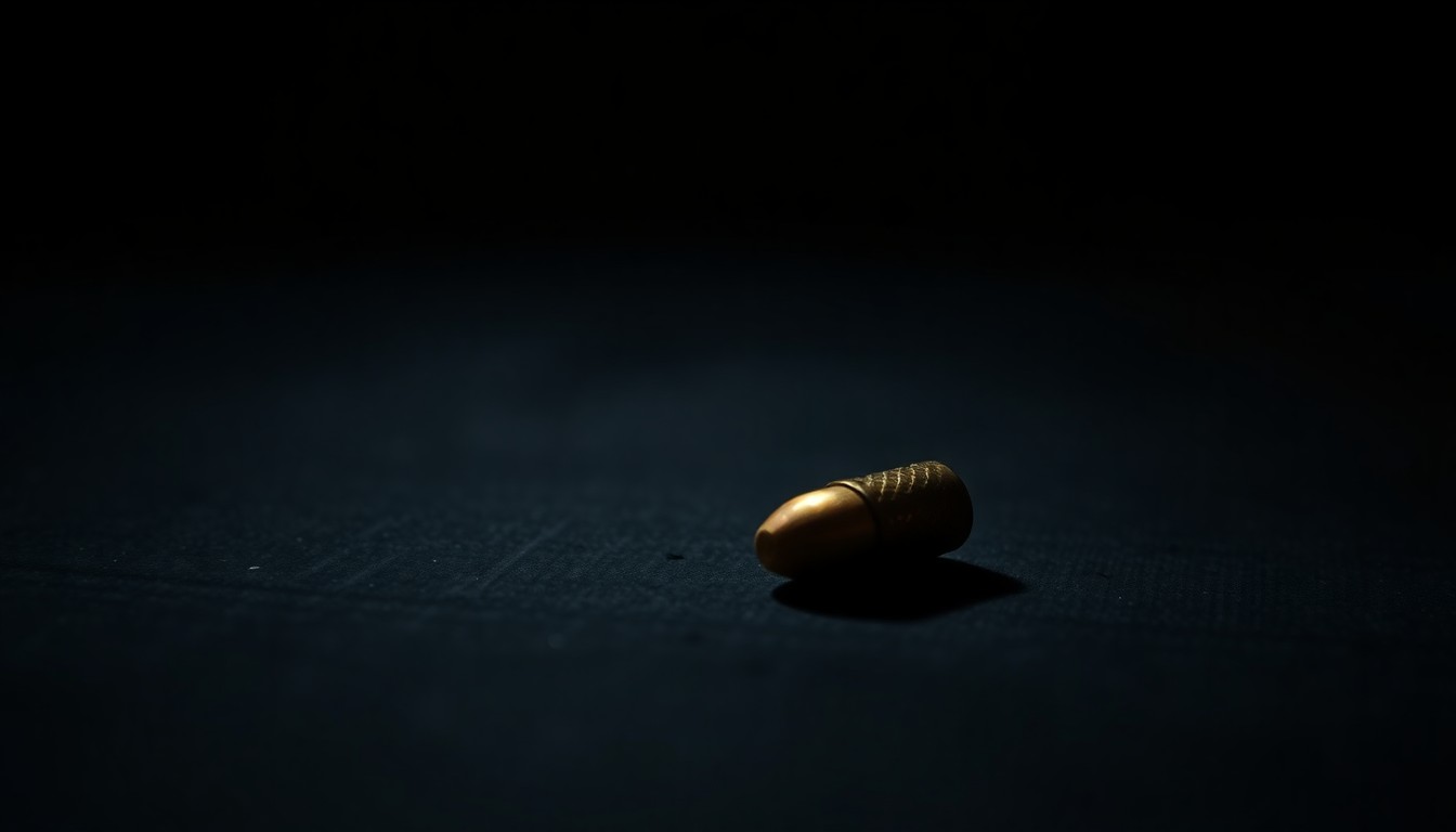 An extreme close-up photograph of a single spent bullet casing on a dark surface, lit by a harsh, direct camera flash, conceptually representing the investigation into a fatal shooting.