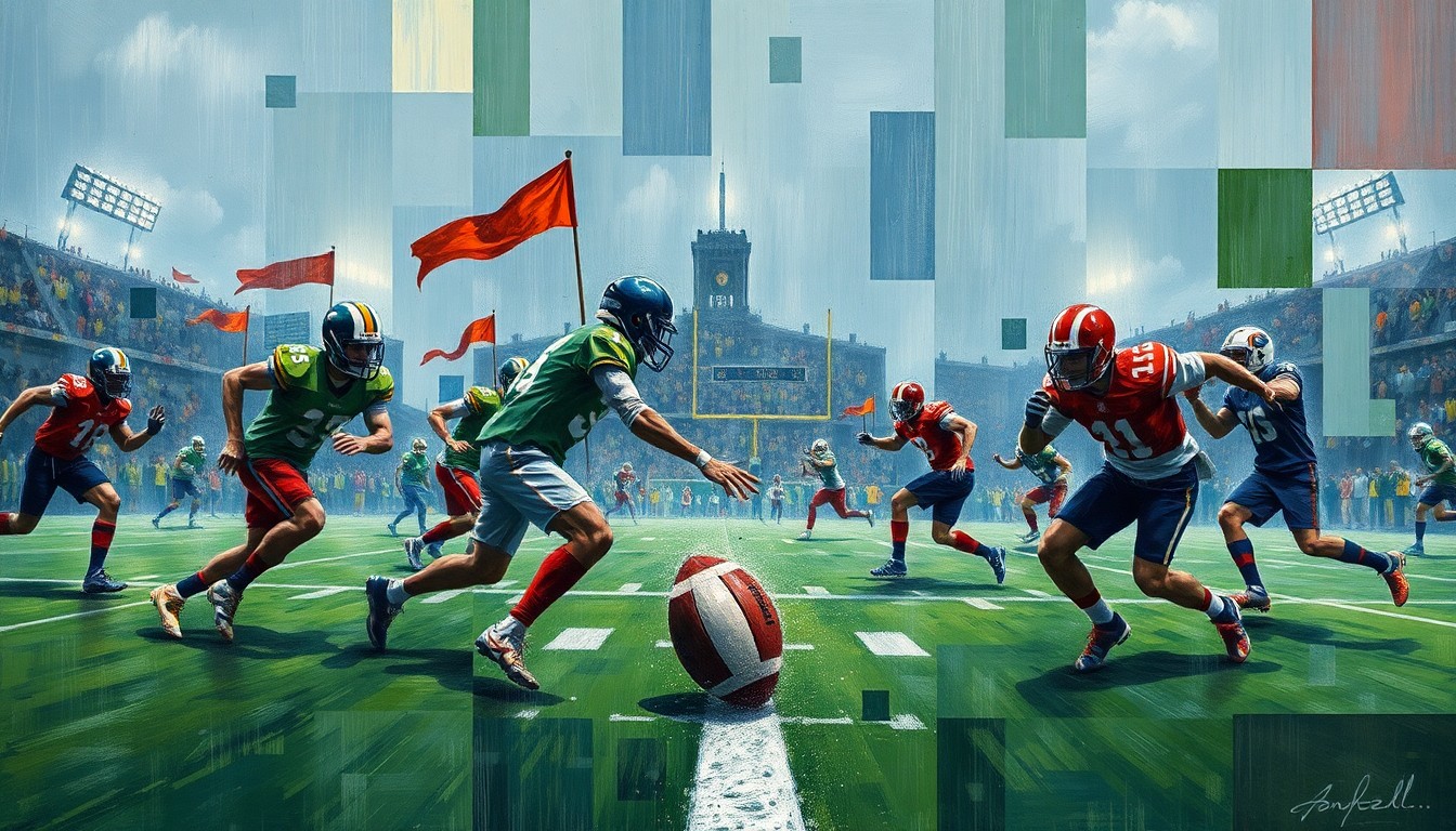 A fragmented, geometric painting depicting a flag football game, with players, the ball, and the rainy field rendered in an abstract, cubist style.
