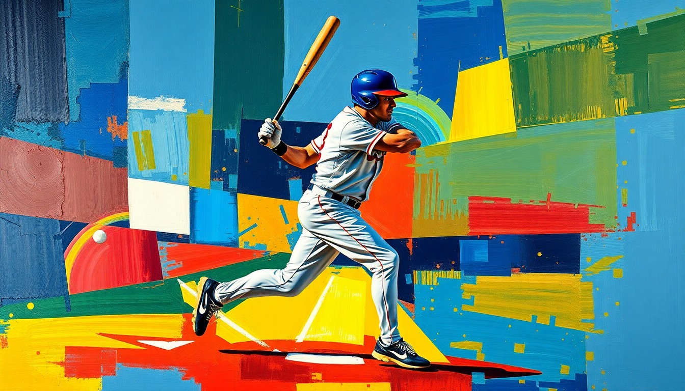 A cubist-style painting depicting a baseball player in motion, with their body and the field broken down into sharp, overlapping geometric shapes and planes in a vibrant color palette.