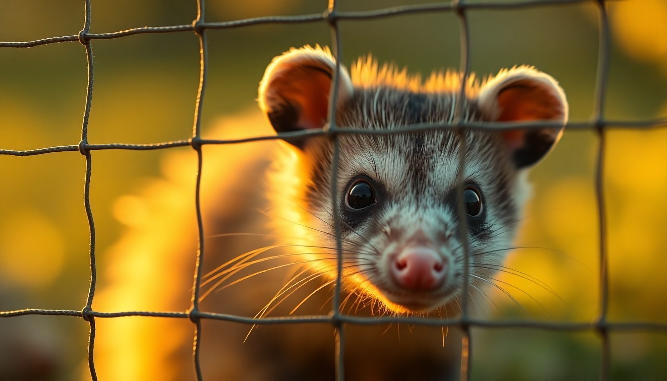 An abstract, out-of-focus photograph depicting the fuzzy silhouette of a juvenile opossum peeking through a wire mesh fence, surrounded by soft, warm pools of golden light, conceptually representing the zoo's new resident and the public's fascination with quirky animal stories.