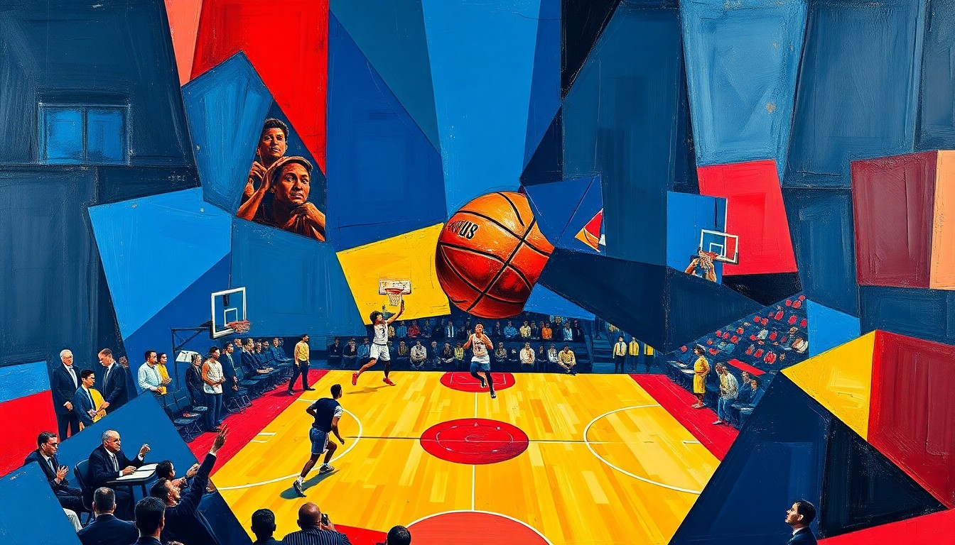 A fragmented, cubist-style painting depicting a basketball game or match, with sharp, overlapping geometric shapes in a vibrant color palette representing the dynamic energy and success of Sam Merrill's breakout season with the Cleveland Cavaliers.