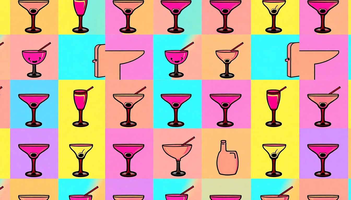 A vibrant, high-contrast silkscreen print featuring a repeated image of a margarita glass in bold, neon colors, conceptually representing the stylish and functional hosting essentials recommended by BestReviews.