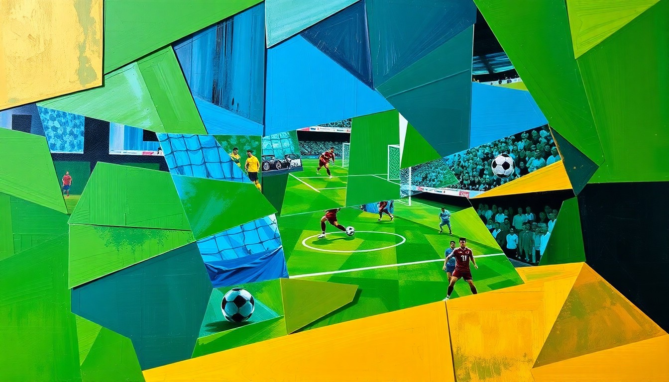 A cubist, geometric painting depicting the dynamic action of a high-energy soccer match, with overlapping planes of bright green, blue, and gold hues conveying the explosive energy of the game.