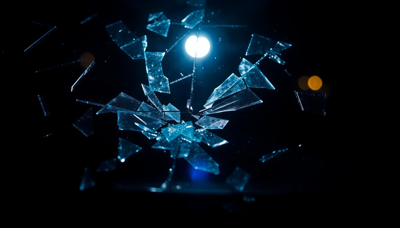 An extreme close-up of a shattered car windshield, the glass shards reflecting a single bright light in the darkness, conceptually illustrating the aftermath of a violent act of property destruction.