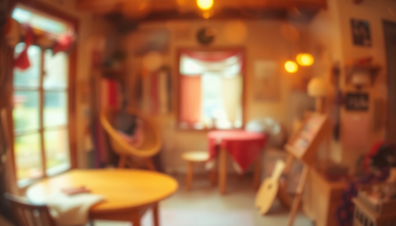 An abstract, out-of-focus scene of soft, warm pools of color and light, conceptually representing the cozy, textured atmosphere of a fiber arts studio.